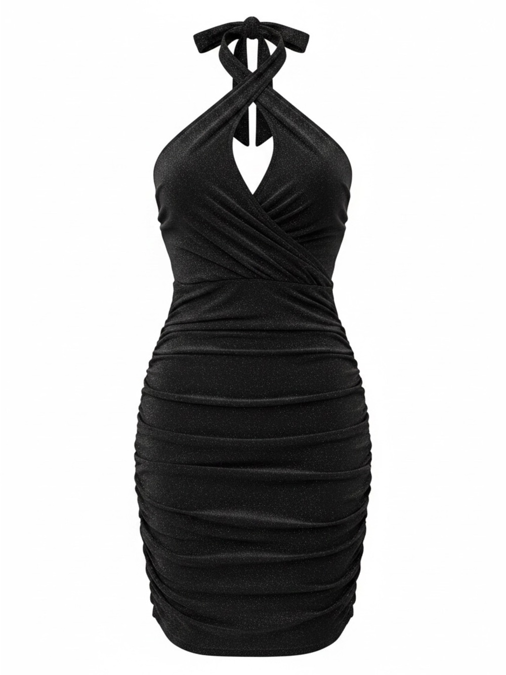 SHEIN Black Sparkle Halter Ruched Bodycon Mini Dress